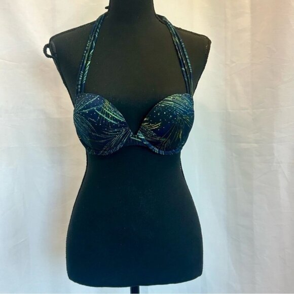 Victorias Secret navy blue green tropical leaf print rhinestone bikini top - Picture 10 of 10